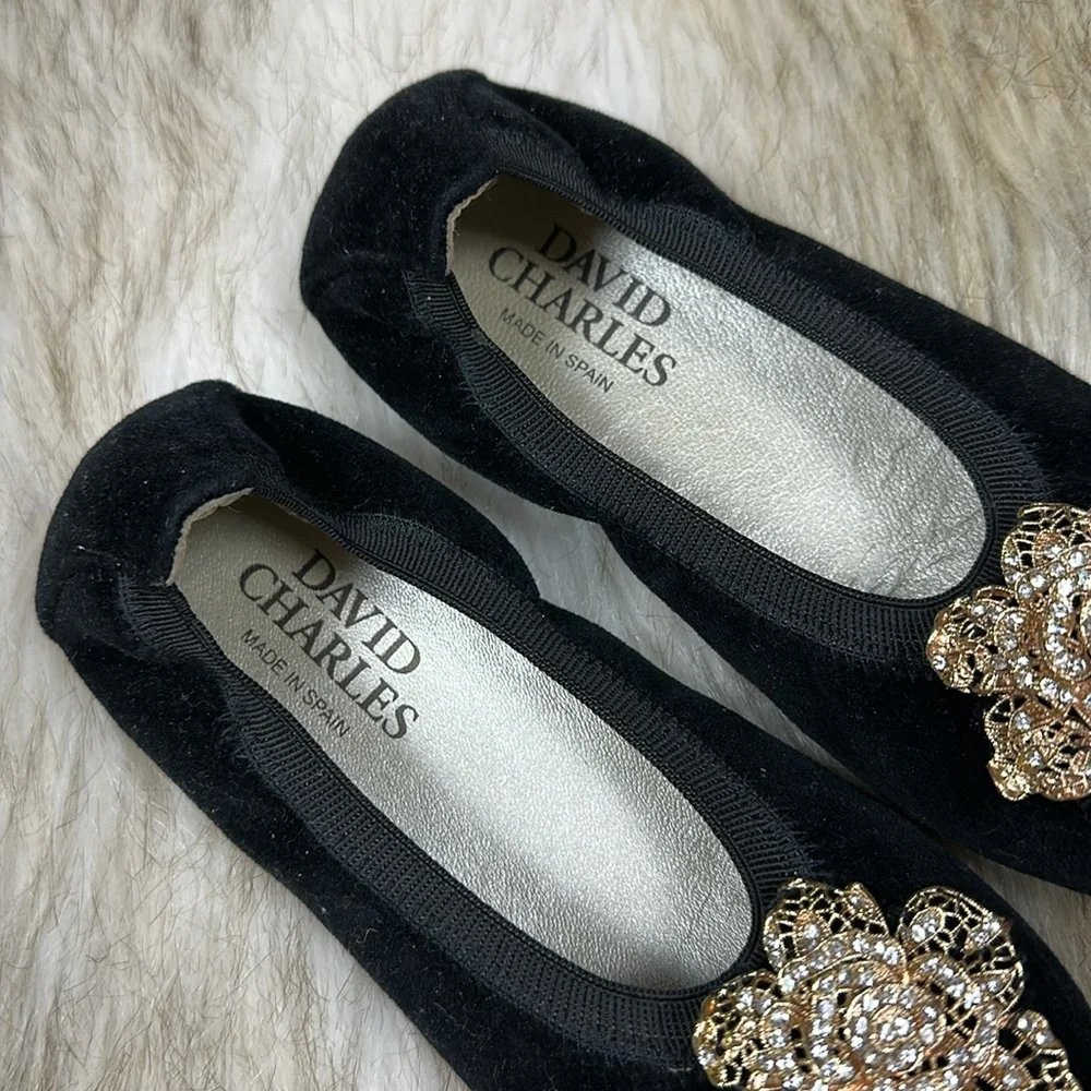 David Charles Girls Black Velvet Flats Sz 29 Gold Dress Shoes Designer